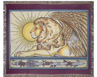 Medieval Winged Lion Guardian Sword Roses Woven Blanket