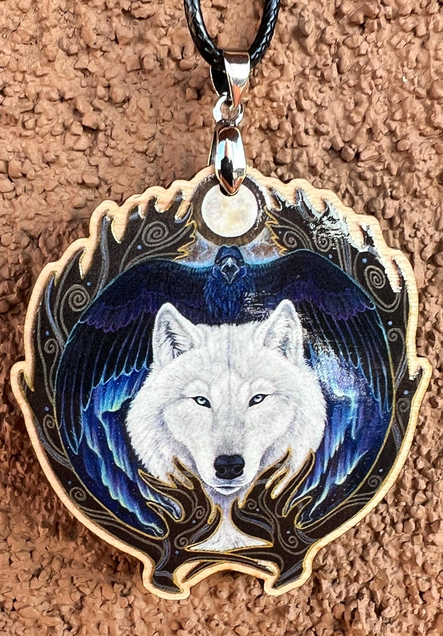 White Wolf Raven Nordic Norse Animal Spirit Wooden Printed Pendant