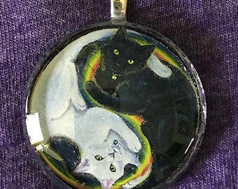 Cat Yin Yang Rainbows Cabochon Art Pendant