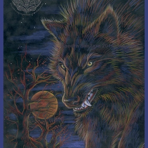 May include: A black wolf with sharp teeth snarls at the viewer, standing in front of a bare tree with a red moon behind it. The wolf's fur is a mix of black, brown, and purple, and its eyes are yellow. The background is a dark blue with stars.