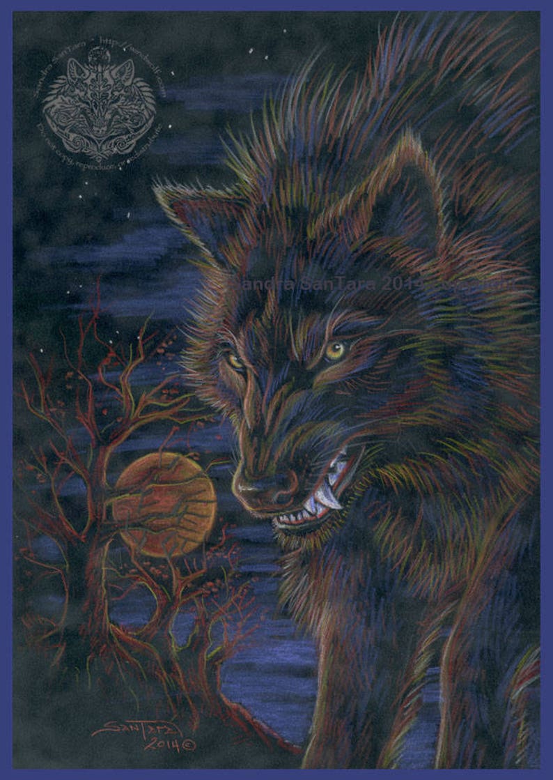 May include: A black wolf with sharp teeth snarls at the viewer, standing in front of a bare tree with a red moon behind it. The wolf's fur is a mix of black, brown, and purple, and its eyes are yellow. The background is a dark blue with stars.