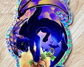 Spooky Bat Winged Black Cat Sparkle Decal Sticker