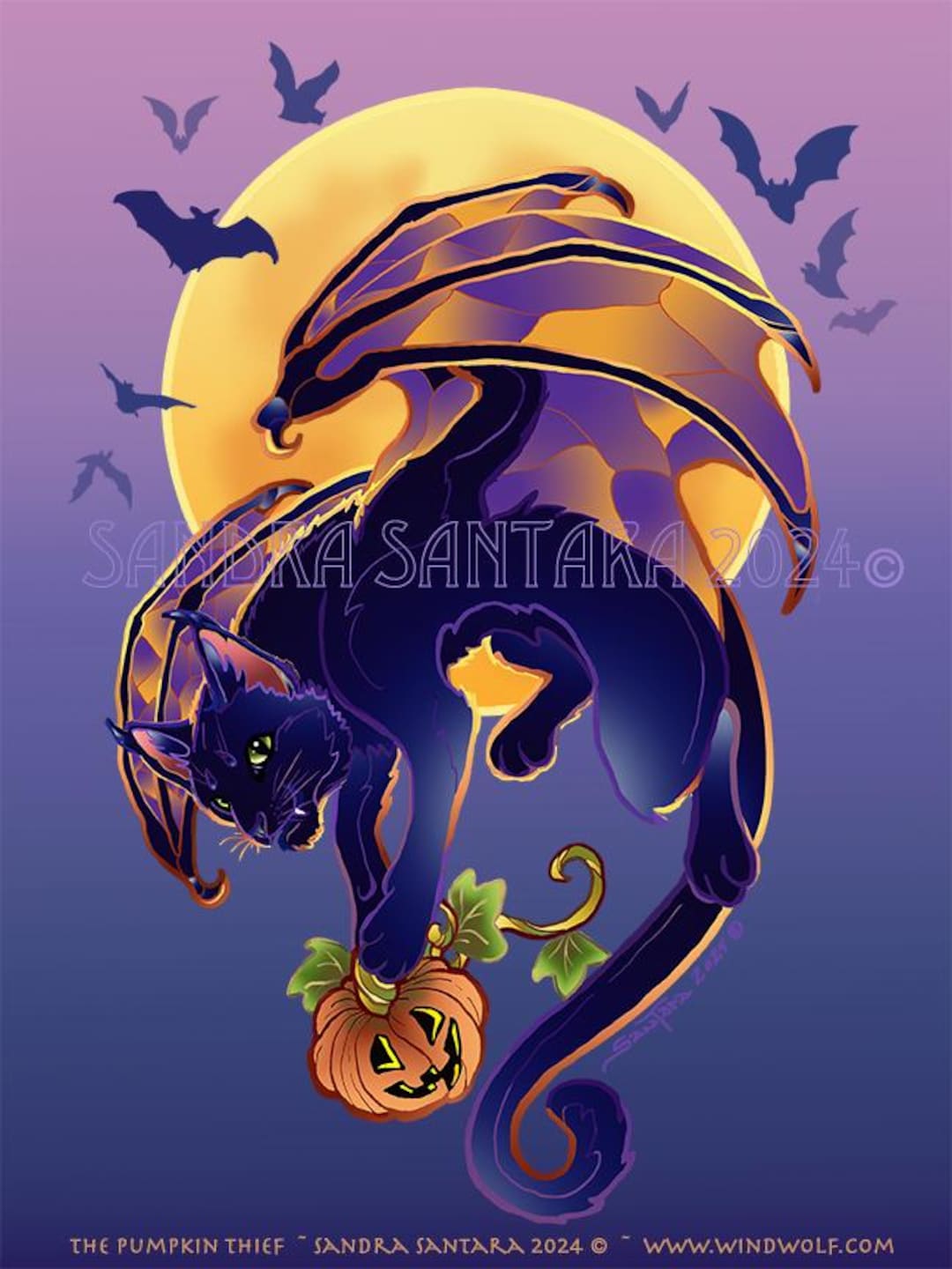 Spooky Bat Winged Cat With Pumpkin Jack O Lantern Halloween Print - Etsy