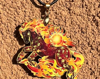 Fire Horse Crimson Flame Lunar New Year Feng Shui Chinese Astrology Wooden Printed Pendant