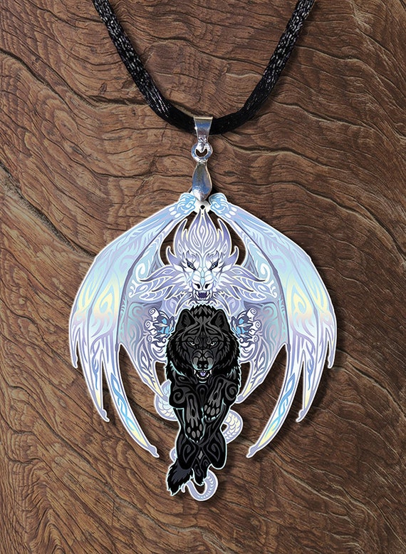 White Dragon Black Wolf Yin Yang Wooden Printed Pendant