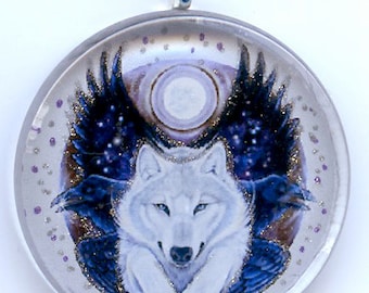 White Wolf and Ravens Cabochon Art Pendant