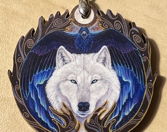 DISCOUNT Seconds Nordic Norse White Wolf Raven Animal Spirit Wooden Printed Pendant