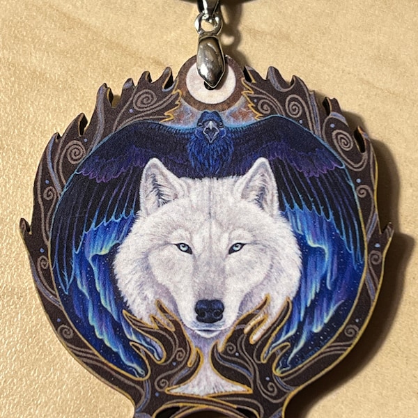 Nordic Norse White Wolf Raven Animal Spirit Wooden Printed Pendant