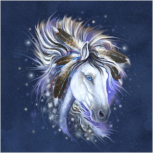 May include: A white horse with a blue eye, its mane and tail are adorned with feathers and beads. The horse is set against a dark blue background with white sparkles.
