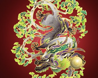 Lunar New Year Wood Dragon Ginkgo Astrology Asian Zodiac Archival Print Canvas