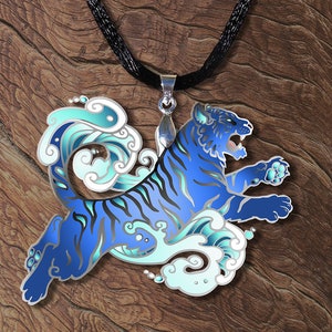 Water Tiger Blue Feng Shui Chinese Astrology Wooden Printed Pendant