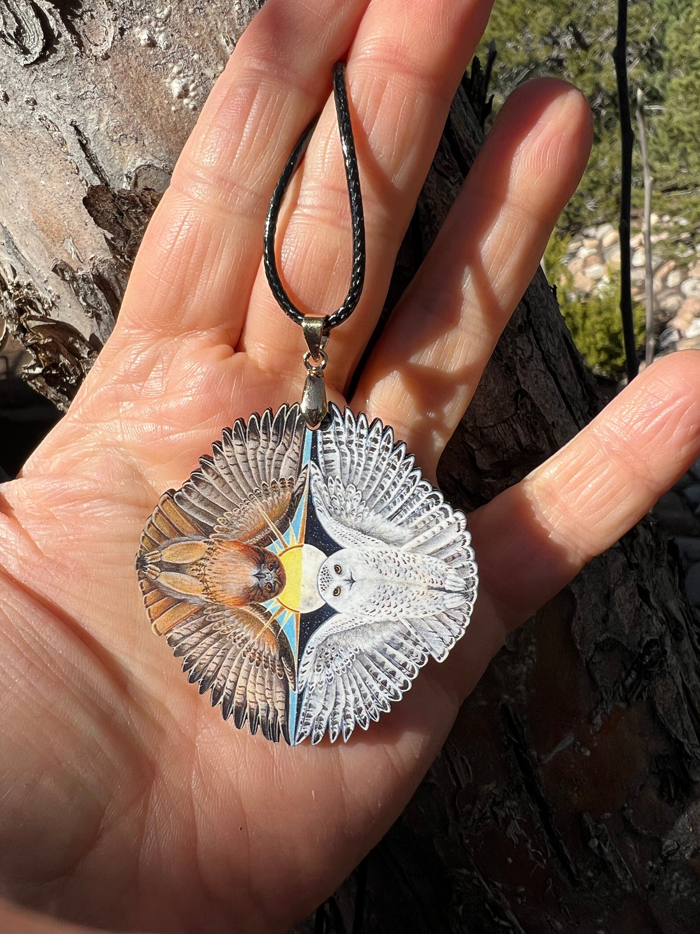 Moon Snowy Owl Sun Red Tailed Hawk Wooden Printed Pendant