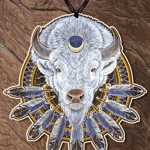 White Buffalo Eagle Feathers Totem Animal Spirit Laser cut Wooden Printed Ornament Medicine Shield Talisman