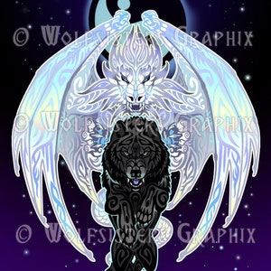 White Dragon Black Wolf Yin Yang Fantasy Print