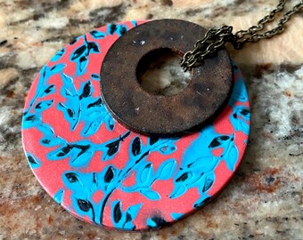 Blue and pink rustic pendant necklace reclaimed hardware