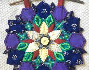 Quilted wall hanging flower hand stitched unique decorative wall decor