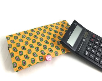 Yellow paisley checkbook cover or wallet with handmade button closure