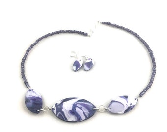 Purple and white statement necklace and earring set lightweight beaded