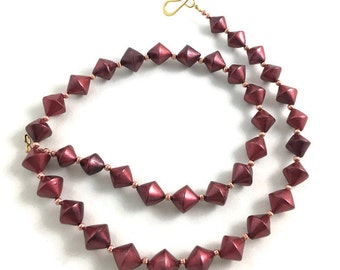 Red beaded necklace handmade polymer conical beads