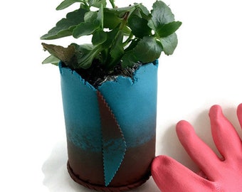 Small planter for houseplant aqua and brown lightweight polymer