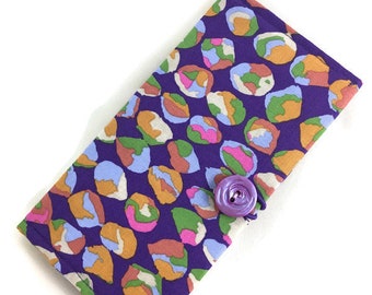 Purple check cover with button closure