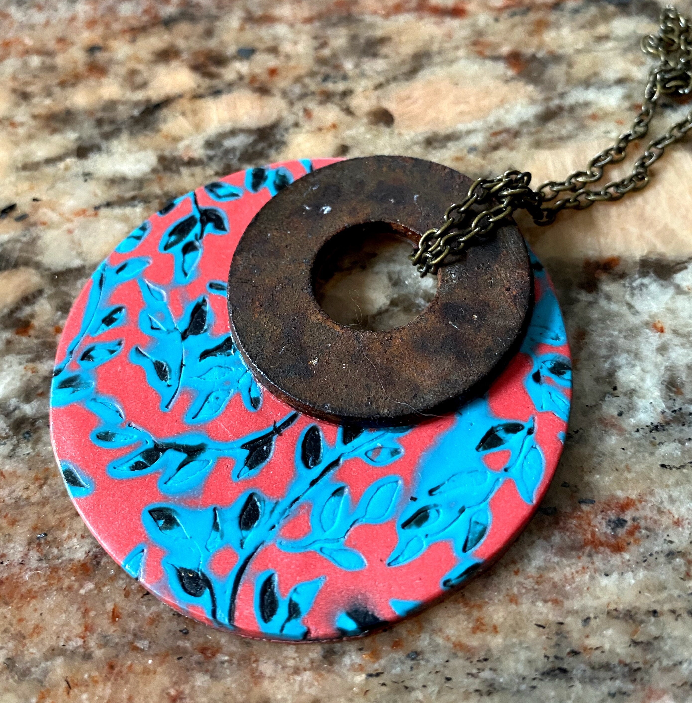 Blue and Pink Rustic Pendant Necklace Reclaimed Hardware