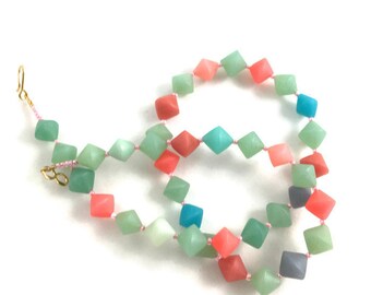 Rainbow beaded necklace polymer clay pastel colors bicone beads