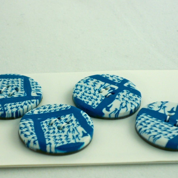 Blue and white buttons checkered set of four one inch polymer clay