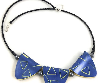 Triangles blue and yellow necklace lightweight modern art