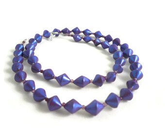 Violet beaded necklace bi cone polymer clay beads