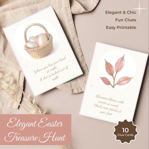 Cartões de dicas elegantes para a caça ao tesouro de Páscoa – Cartões de caça ao tesouro de Páscoa para impressão – 10 pistas que rimam – Atividade de Páscoa em tons pastéis suaves – I