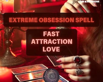 May include: A red background with tarot cards and a lit candle. The text "EXTREME OBSESSION SPELL FAST ATTRACTION LOVE" is written in white letters on a red background. The text "BESTSELLER SAME DAY CAST FAST & EFFECTIVE" is written in white letters on a red background. The text "@runedwitchspells" is written in white letters on a black background.