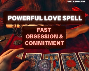 May include: Image featuring tarot cards and a crystal ball, with text overlay: "POWERFUL LOVE SPELL" and "FAST OBSESSION & COMMITMENT." Additional text reads "BEST SELLER, SAME DAY CAST, FAST & EFFECTIVE." The image has a mystical theme.