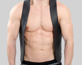 Chaleco de cuero con cordones y abertura frontal para hombre - Bolsillos interiores con cremallera