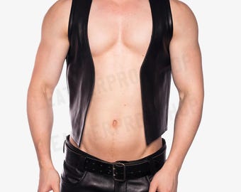 Chaleco de cuero para hombre, chaleco abierto para bares y clubes gay, chalecos de piel de oveja auténtica, atuendo de orgullo gay en cuero.