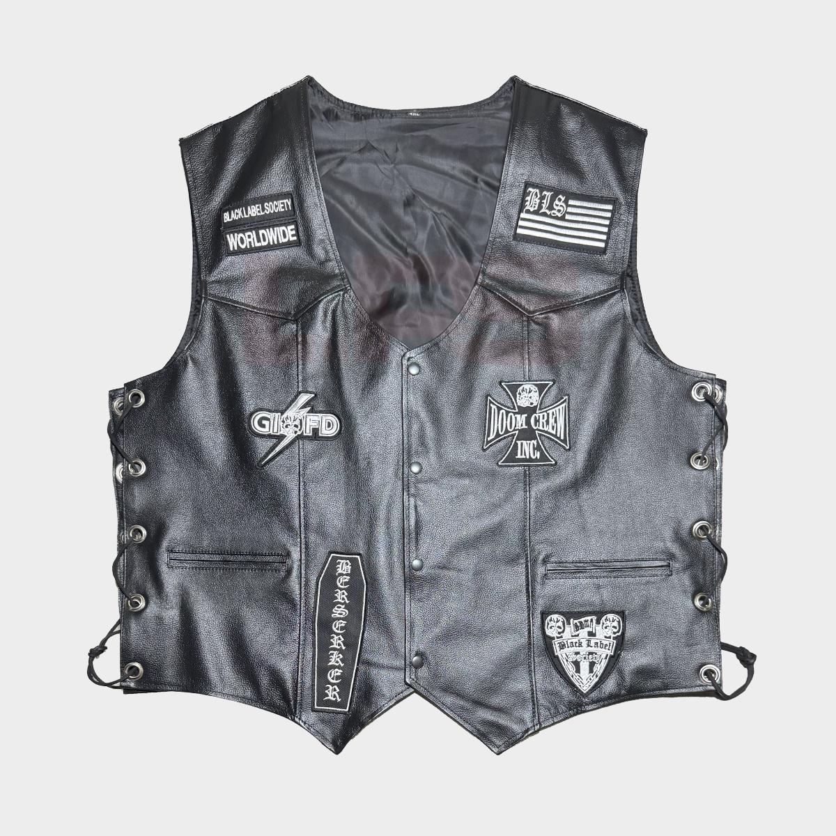 Zakk Wylde BLS Black Label Society Leather Motorcycle Vest, Skull