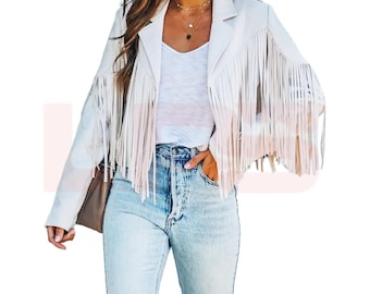 Women Leather Fringe Jacket, Native Equestrian Style Retro Western Cowgirl Tassel White Jackets
