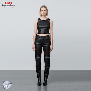 Women's Leather Outfit - Women's leather Lacep Top and Leather Pants Set - Side Laces leather Top for Ladies - Women's Quilted Leather Pants