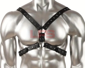 Cowhide Leather Chest Harness: Silver Hardware, Rivets & O-Rings