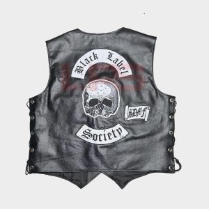 May include: Black leather vest with a skull and crossbones design and the text "Black Label Society" on the back.