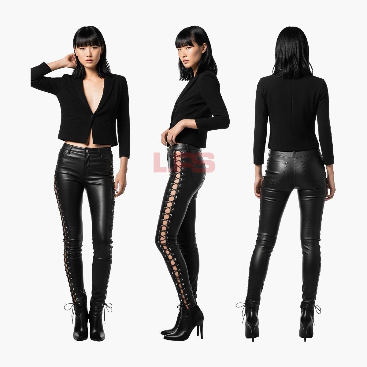 ブラックレザーレースアップパンツ：カスタムフィットヴィンテージ