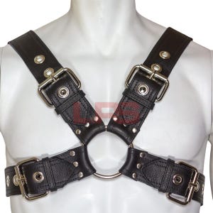 May include: Black leather harness with silver-tone metal buckles and rivets. The harness features adjustable straps and a circular ring at the center. The design includes two shoulder straps and a chest strap.