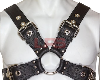 Black Leather Chest Harness - Adjustable Buckle Body Strap, Metal O-Rings gays harness bulldog