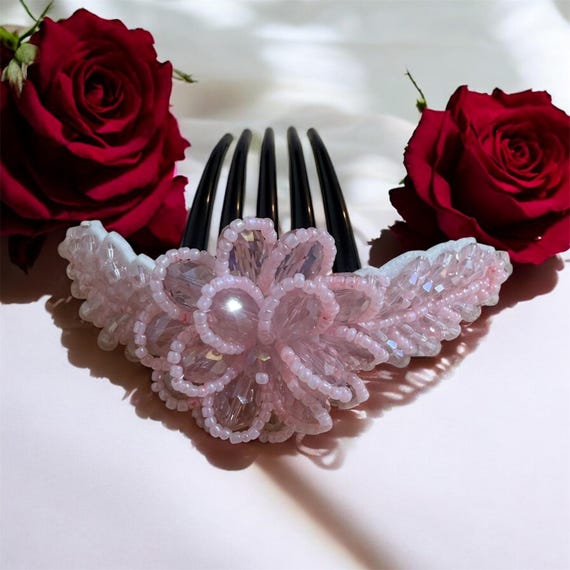 Pink Beaded Flower Hair Comb – Elegant Bridal Accessory - Etsy display picture 2