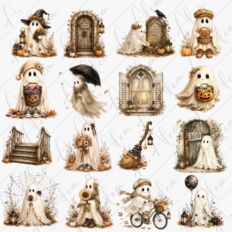 Pu&ograve; includere: Una collezione di illustrazioni digitali raffiguranti fantasmi in varie scene autunnali, tra cui fantasmi con zucche, lanterne, scope, biciclette e lapidi, insieme a elementi architettonici come porte in legno, finestre e scale.