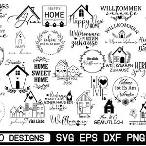 以下が含まれることがあります： さまざまなテキスト要素を含む、30種類の白黒の家のデザインのコレクションです。「Happy Home」、「Home Sweet Home」、「Welcome」などのフレーズが含まれています。画像にはファイルタイプ情報も含まれています。