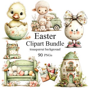 Easter Clipart Bundle 90 PNG, Easter Animals, Spring, Bunny, Eggs, Houses,