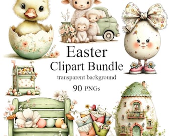 Easter Clipart Bundle 90 PNG, Easter Animals, Spring, Bunny, Eggs, Houses,