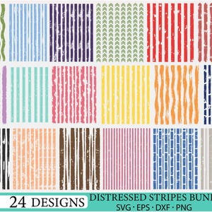 Op de afbeelding: Een digitale collectie van 24 patronen met versleten strepen in diverse kleuren zoals groen, blauw, paars, rood, geel, oranje, roze, bruin, zwart en grijs. De ontwerpen bevatten verticale lijnen met verweerde texturen en variërende breedtes.