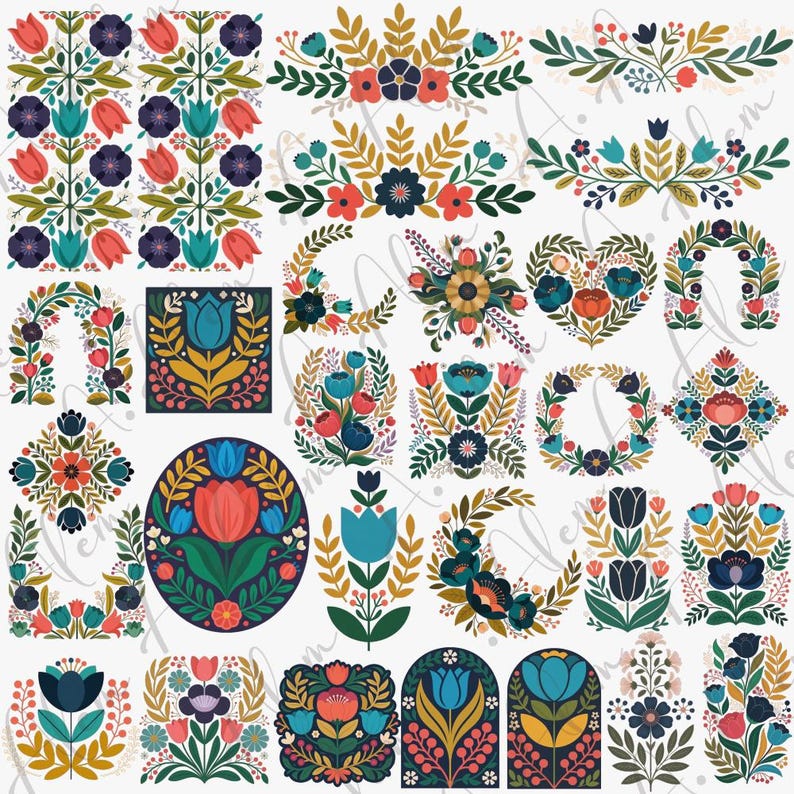 Puede incluir: Una colecci&oacute;n de dise&ntilde;os florales de estilo folk art. Los dise&ntilde;os presentan flores rojas, azules y turquesas con follaje verde y dorado. Los arreglos incluyen coronas, bordes y patrones repetitivos, adecuados para proyectos de manualidades.